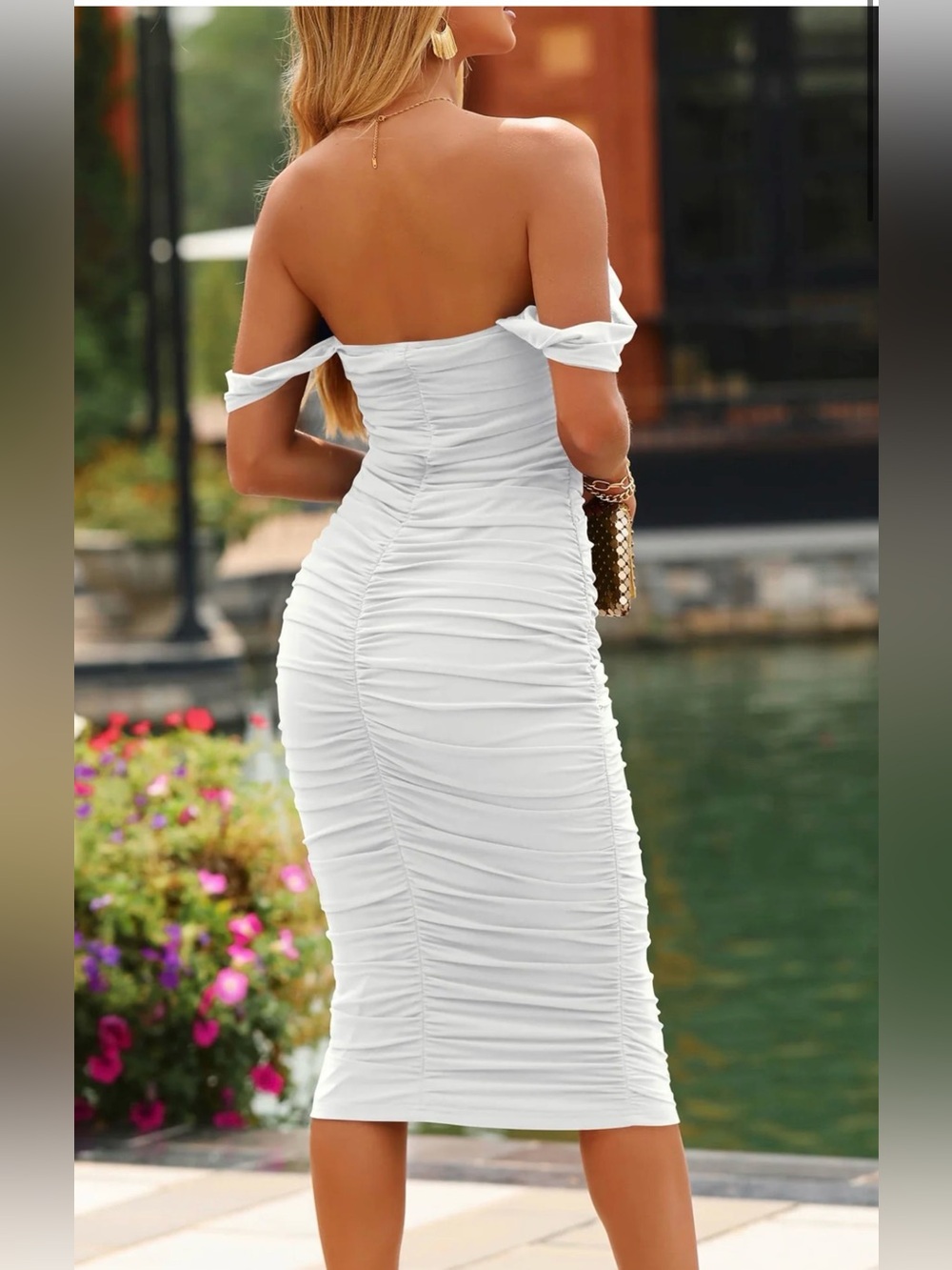 NWT Womens Summer Off The Shoulder Ruched Bodycon Dresses Fitted Club Midi - Picture 6 of 12